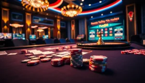 Exciting Fun88 online gambling scene with casino tables, cards, and vibrant colors.