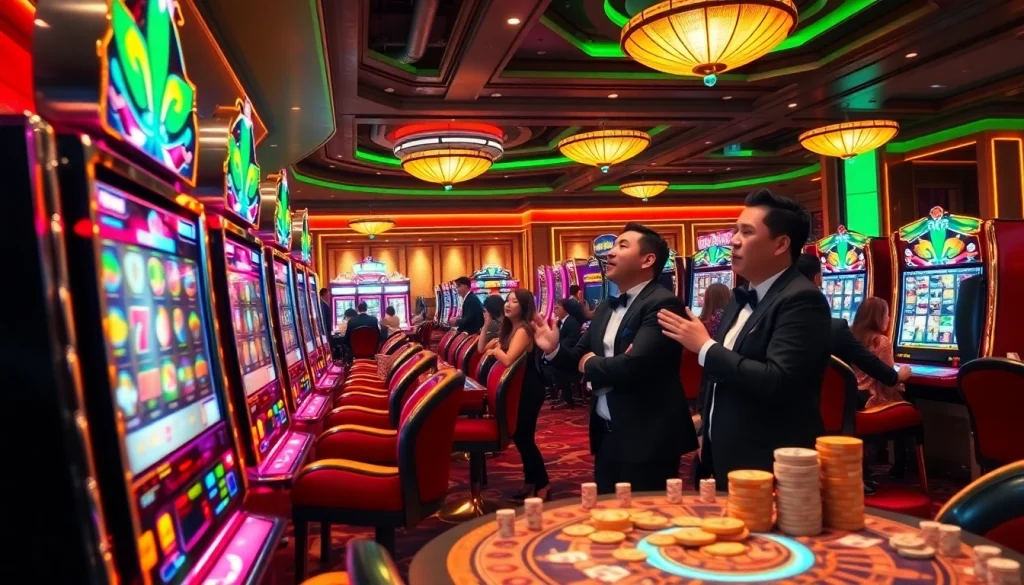 Situs Slot Gacor players celebrating a win at vibrant slot machines in a luxurious casino setting.