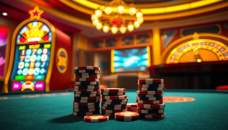 Trải nghiệm cảm giác hồi hộp của tik 88 tại một sòng bài sang trọng, với những đồng chip poker và máy đánh bạc lấp lánh.