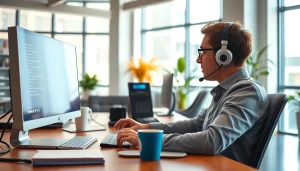 Engaging with an auto dialer in a productive office space with modern technology.