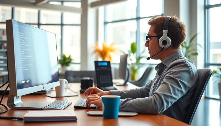 Engaging with an auto dialer in a productive office space with modern technology.