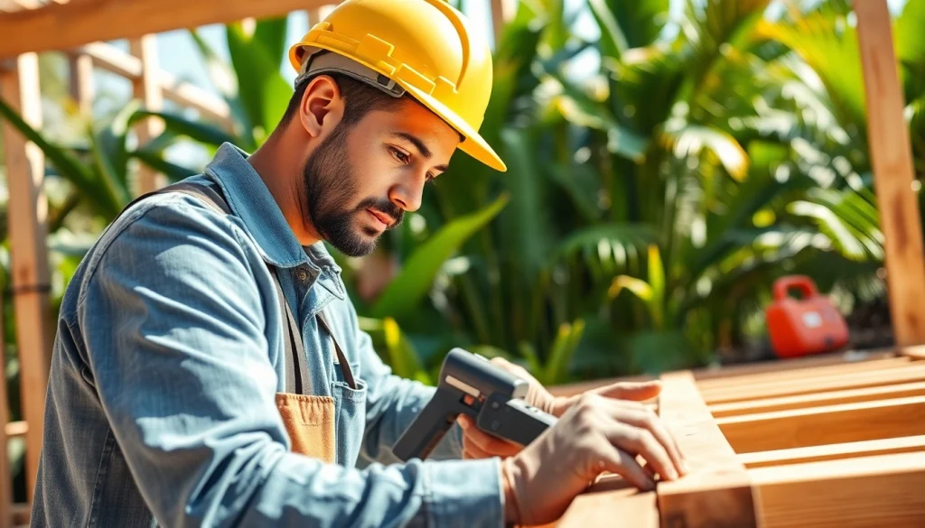 Highlighting hands-on education in hawaii trade schools, a tradesperson works on carpentry amid tropical surroundings.