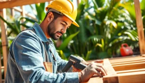 Highlighting hands-on education in hawaii trade schools, a tradesperson works on carpentry amid tropical surroundings.