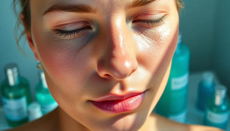 Närbild av fet hy, med fokus på "fet hy eller oljig hy", en glansig T-zon och hudvårdsprodukter i bild.