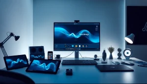 A sleek workspace illustrating the innovative Nano Banana Pro interface, showcasing advanced AI image editing tools and high-tech devices.
