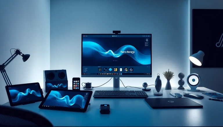 A sleek workspace illustrating the innovative Nano Banana Pro interface, showcasing advanced AI image editing tools and high-tech devices.