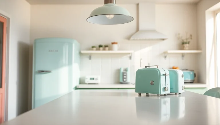 Showcase retro appliances in a vintage kitchen with pastel fridge, toaster, and charming decor.