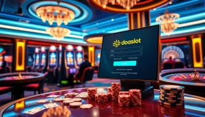 Experience the excitement of doaslot login at a high-end slot machine in a luxurious casino setting.