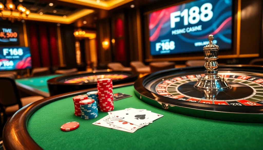 Engaging in high-stakes poker at the luxurious F168 brand casino table, featuring colorful chips and cards.