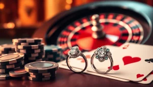 Engagement rings shining amidst a luxurious casino setup, symbolizing the excitement of求婚戒指.