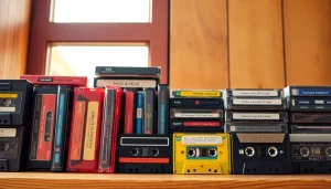 Showcasing a colorful array of audio cassette tapes arranged artfully on a wooden shelf.