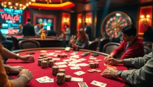 Players enjoy poker action at a V9bet casino table, embodying excitement and luxury.