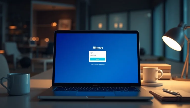 Atera login screen displayed on a laptop in a modern workspace, emphasizing security.