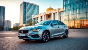 Rent a car Chisinau in front of a modern city building, showcasing urban travel.