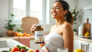 妊婦さん向けの葉酸サプリのおすすめ。新鮮な野菜とサプリメントを手にした健康的な女性が明るいキッチンで写っています。