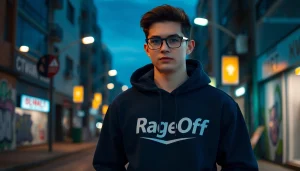 The RageOff Night Signal hoodie worn by a young adult in an urban twilight setting, showcasing modern style and branding.