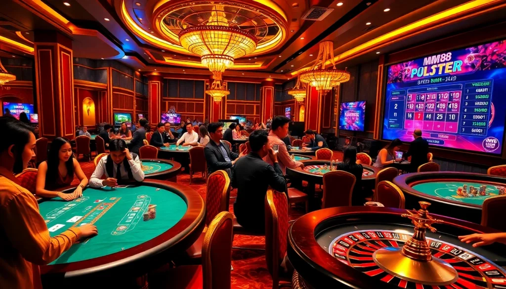 Gambling enthusiasts enjoying a vibrant MM 88 casino experience with poker tables and roulette wheels.