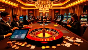 KJC ONL casino scene with roulette wheel, poker chips, and excited players in luxury