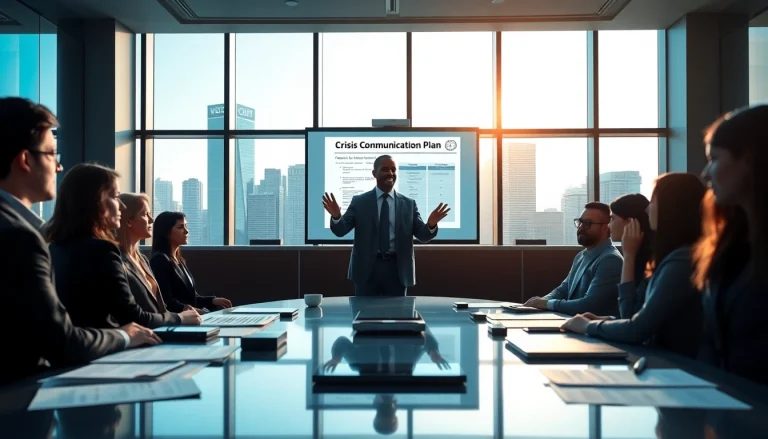 Crisis management consultant presents strategies in a professional boardroom setting.