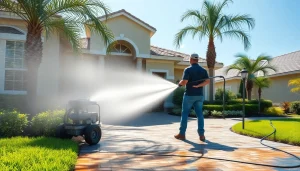 Pressure wash service revitalizing a driveway in Kissimmee, FL, showcasing professional cleaning.