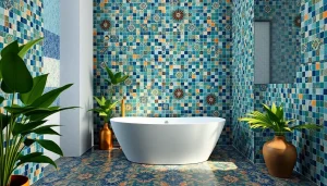 Salle de bains luxueuse ornée de carreaux Zellige complexes et aux couleurs vives.