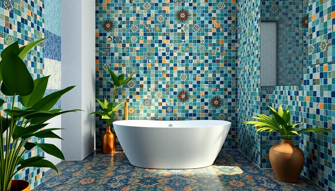 Salle de bains luxueuse ornée de carreaux Zellige complexes et aux couleurs vives.