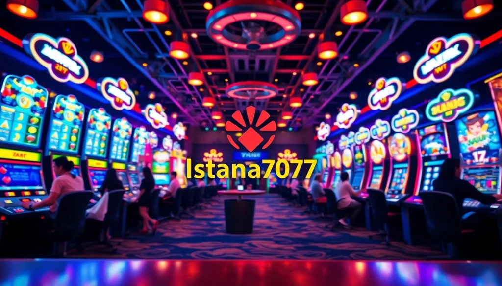 Menggambarkan Istana777 dengan mesin slot interaktif dan suasana permainan yang energik.