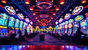 Menggambarkan Istana777 dengan mesin slot interaktif dan suasana permainan yang energik.