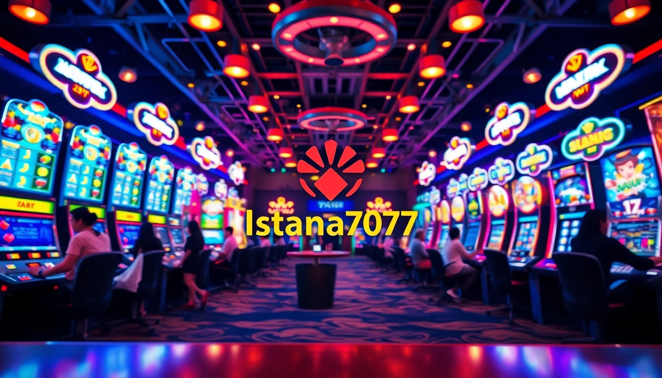 Menggambarkan Istana777 dengan mesin slot interaktif dan suasana permainan yang energik.