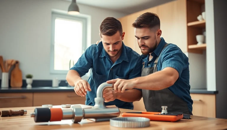 Plumbers from https://speedyservicestoday.com.au repairing a pipe in a bright, modern kitchen.
