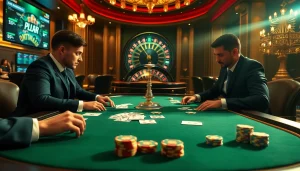 Engage in thrilling poker gameplay at thabet's luxurious casino setting.