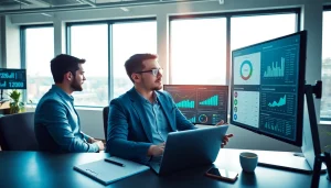 Analyze TikTok SMM panel data in a modern office with vibrant analytics displays.