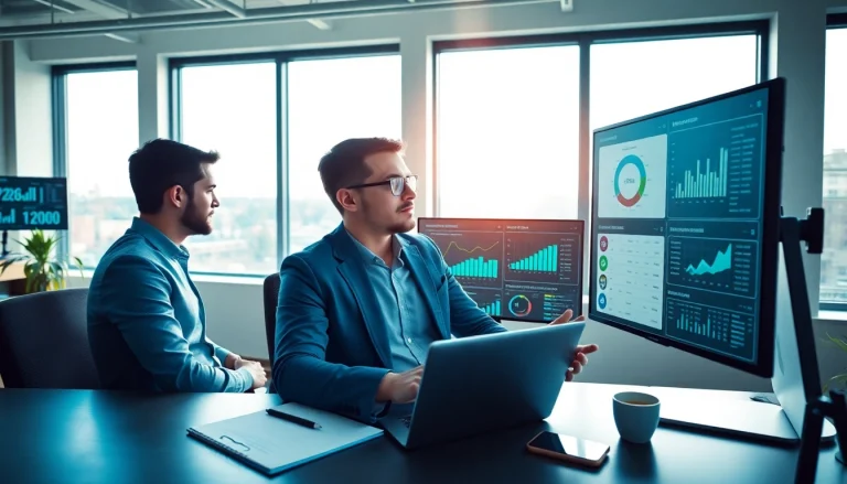 Analyze TikTok SMM panel data in a modern office with vibrant analytics displays.