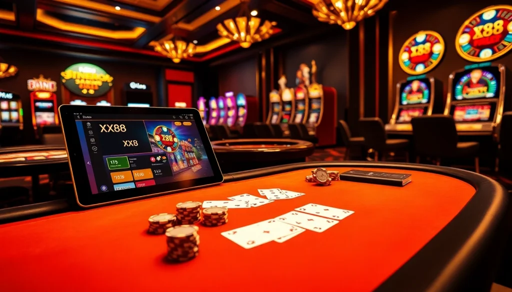Players engaging with the exciting online gambling platform https://xx88vt.com/ at a luxurious casino, showcasing vibrant action.