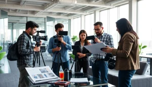 Engaging in Corporate Video Production, a team collaborates on video storytelling in a bright office.