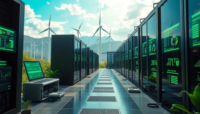 Futuristic crypto mining site showcasing advanced AI technology and renewable energy sources