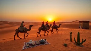 Marrakech camel ride and quad biking at sunset over Agafay Desert, illustrating a serene adventure