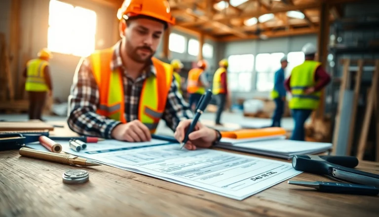Contractor completing a DAS 142 form on a busy construction site with tools and plans.