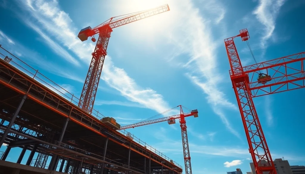 Builders engaged in structural steel construction with cranes and beams in action.