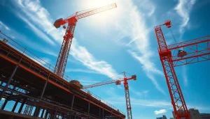 Builders engaged in structural steel construction with cranes and beams in action.