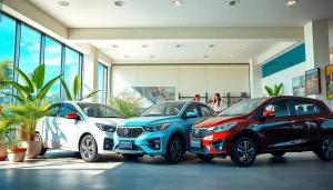 Kuching rent car options displayed at a vibrant car rental office, showcasing modern vehicles and friendly staff.