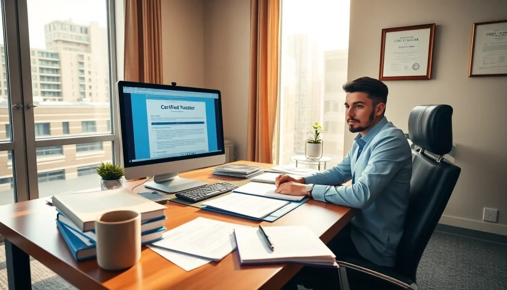 Traducteur espagnol certifié travaillant professionnellement dans un bureau moderne