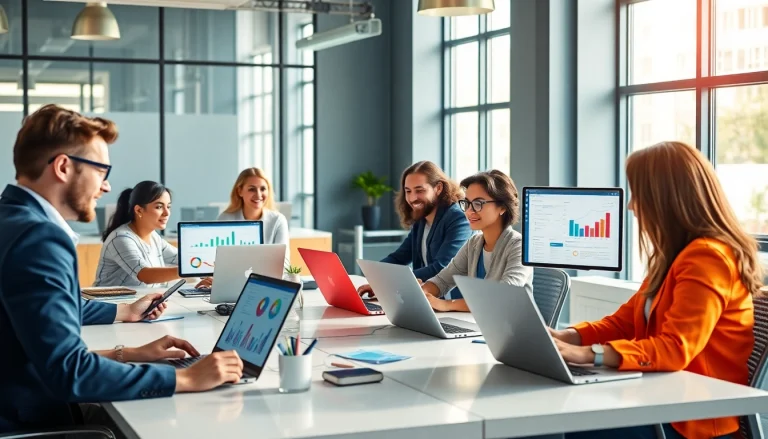 在现代办公空间中协作的专业人士使用 WPS 下载。