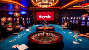 Haywin casino players engaging in strategic gameplay at luxurious tables surrounded by vibrant slot machines.