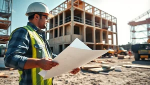 New Jersey General Contractor reviewing blueprints on a construction site with materials and tools.