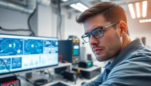 Technician installing DAS 142 equipment in a bright, modern office.