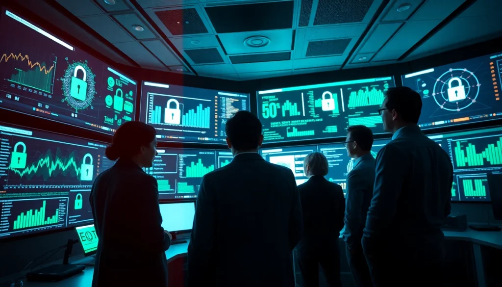 Cybersecurity ai in action with professionals analyzing AI-powered security data in a modern office.