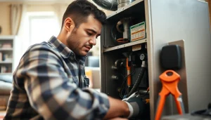 HVAC technician executing heating repair mt kisco in a cozy home setting, showcasing expertise and equipment.