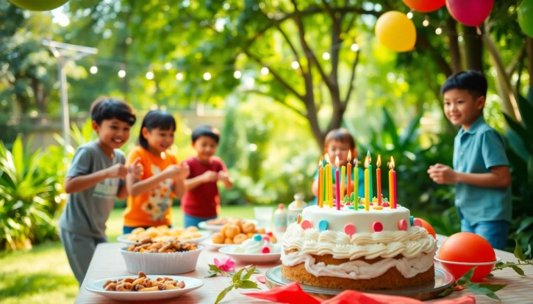 Children celebrating at a fun Singapore birthday party, surrounded by festive decorations and a cake.