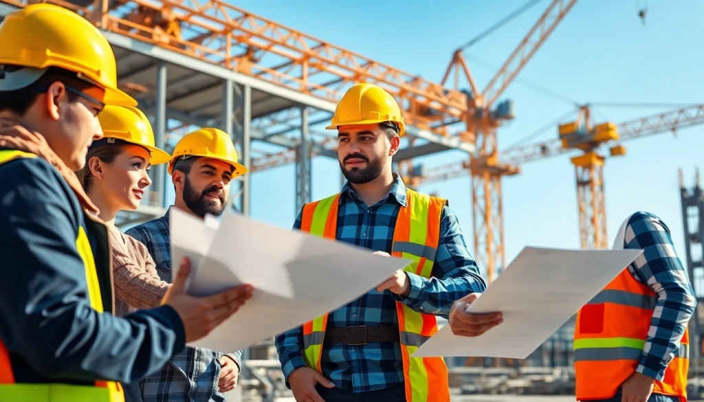 Team of professionals at a construction association collaborating on a building project.
